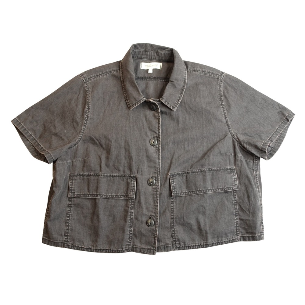 Madewell Short Sleeve Crop Utility Jacket Womens L Black Cotton Button Up Shirt